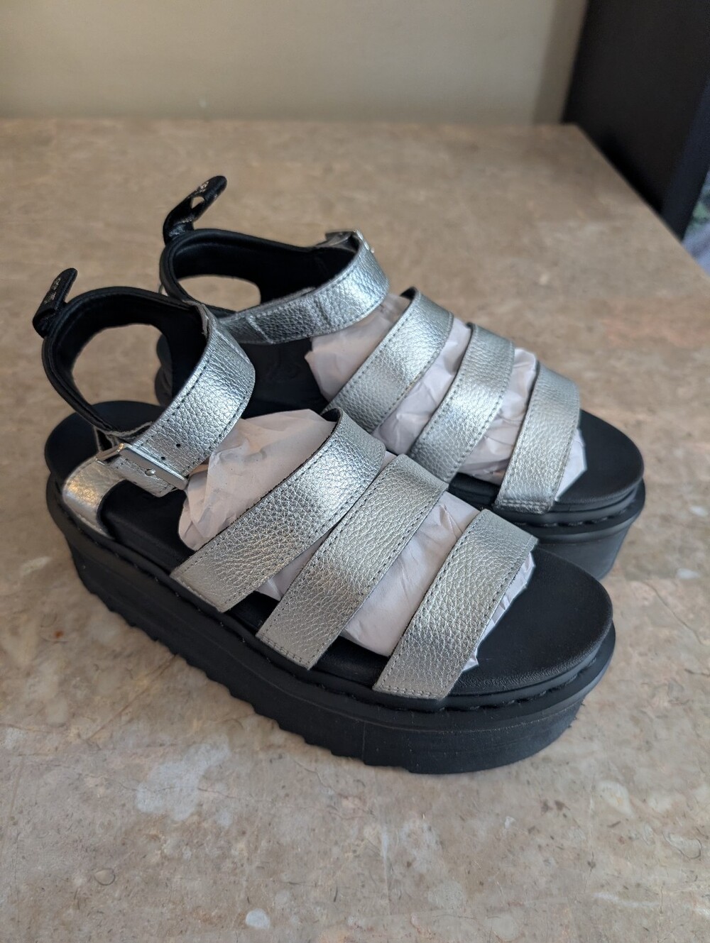 Dr Martens Blaire Metallic Silver Leather Platform Sandals Punk Women's Size 9 - Picture 3 of 11